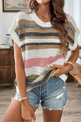 Stripe Color Block Eyelet Knit Short Sleeve Knit Top - Trendsi - Flyclothing LLC