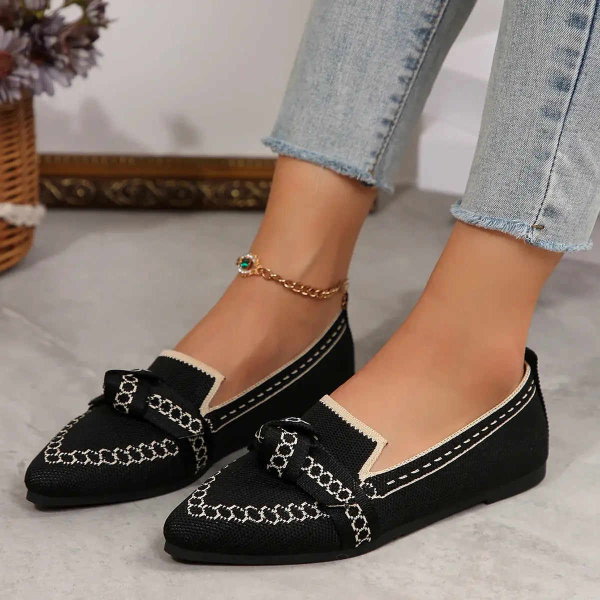 knitted Slip-On Flats with Bow - Trendsi - Flyclothing LLC