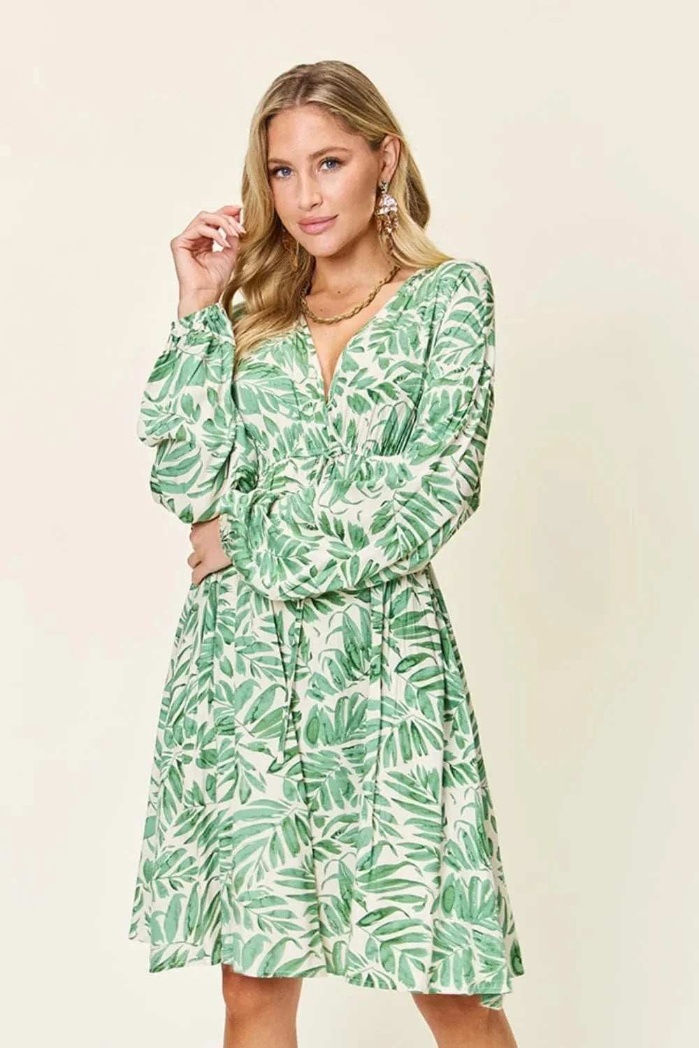 Double Take Full Size Printed Ruched Balloon Sleeve Dress - Trendsi - Flyclothing LLC