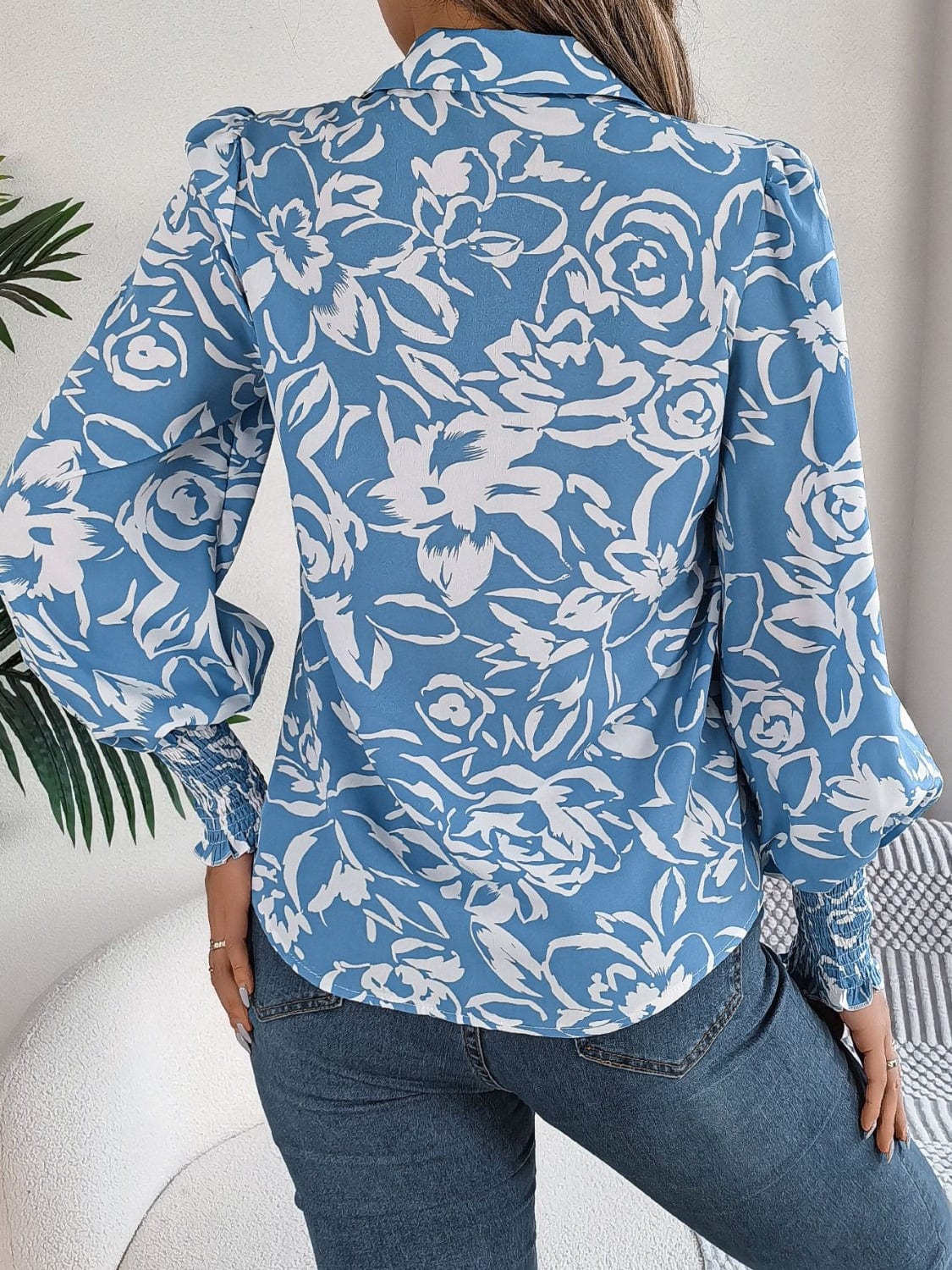 Printed Collared Neck Lantern Sleeve Shirt - Trendsi