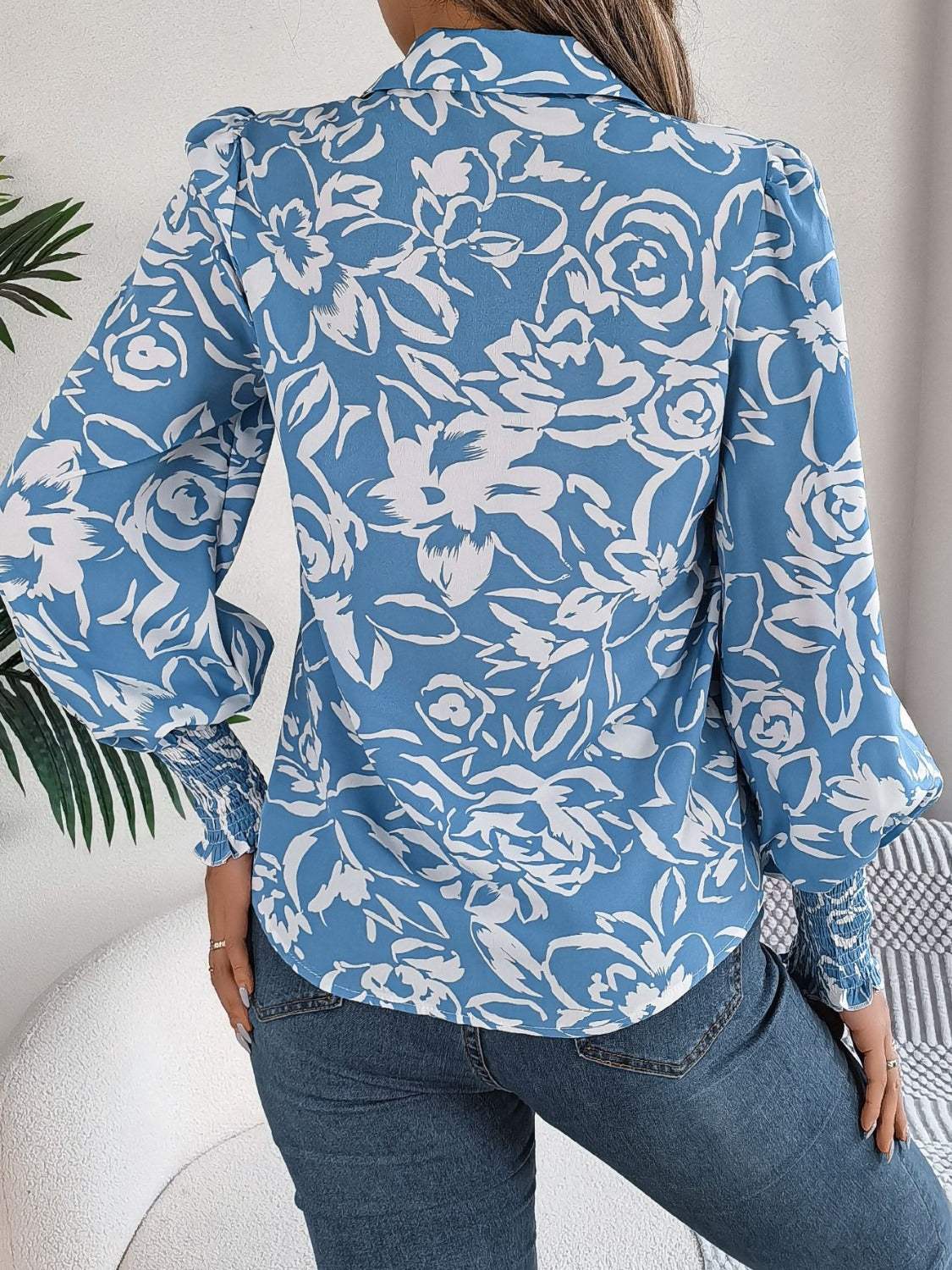Printed Collared Neck Lantern Sleeve Shirt - Trendsi - Flyclothing LLC