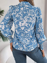 Printed Collared Neck Lantern Sleeve Shirt - Trendsi - Flyclothing LLC