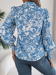 Printed Collared Neck Lantern Sleeve Shirt - Trendsi