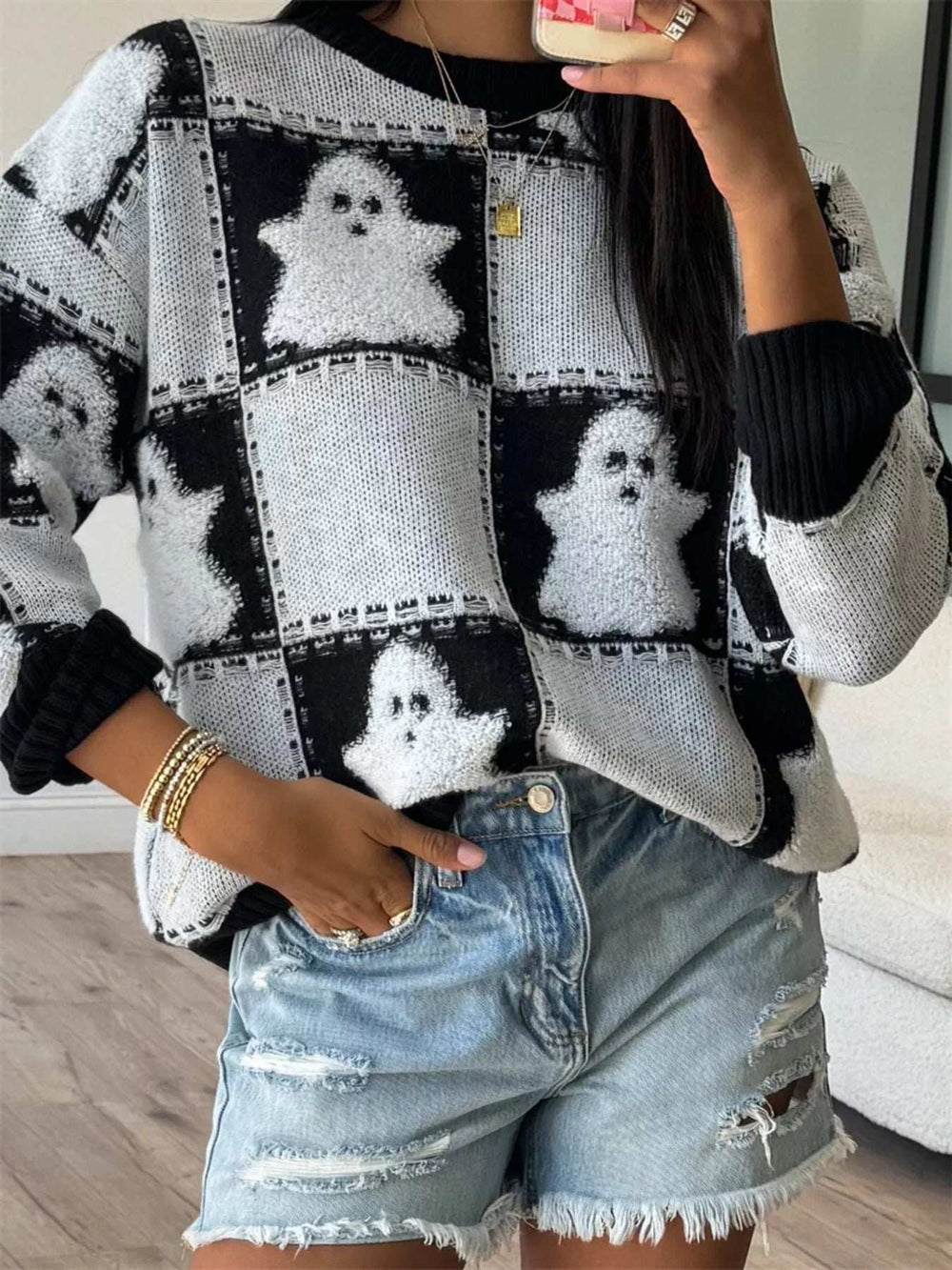 Halloween Ghost Checkered Drop Shoulder Sweater - Trendsi - Flyclothing LLC