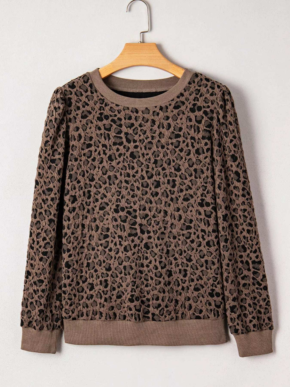 Ribbed Trim Leopard Print Long Sleeve Top - Trendsi - Flyclothing LLC