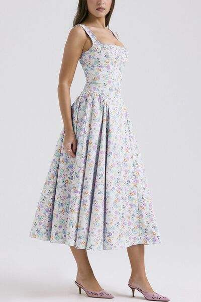 Floral Square Neck Wide Strap Midi Dress - Trendsi - Flyclothing LLC