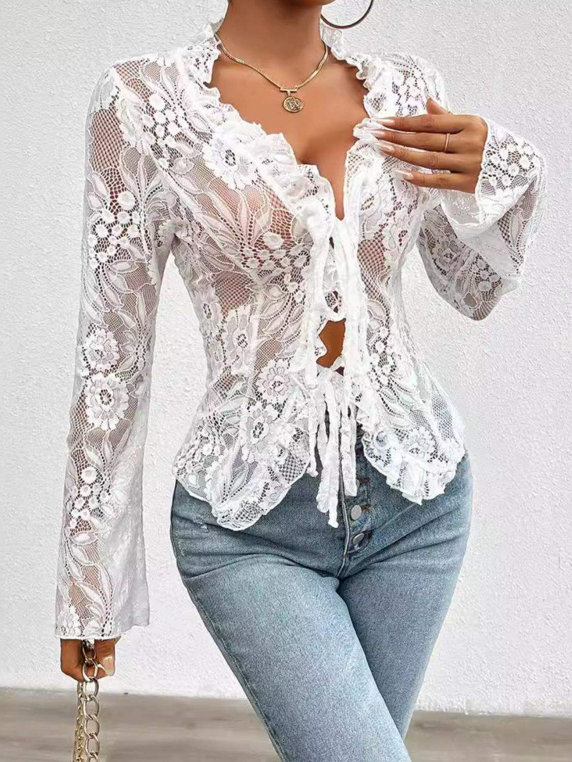 Tied V-Neck Long Sleeve Lace Top - Trendsi - Flyclothing LLC