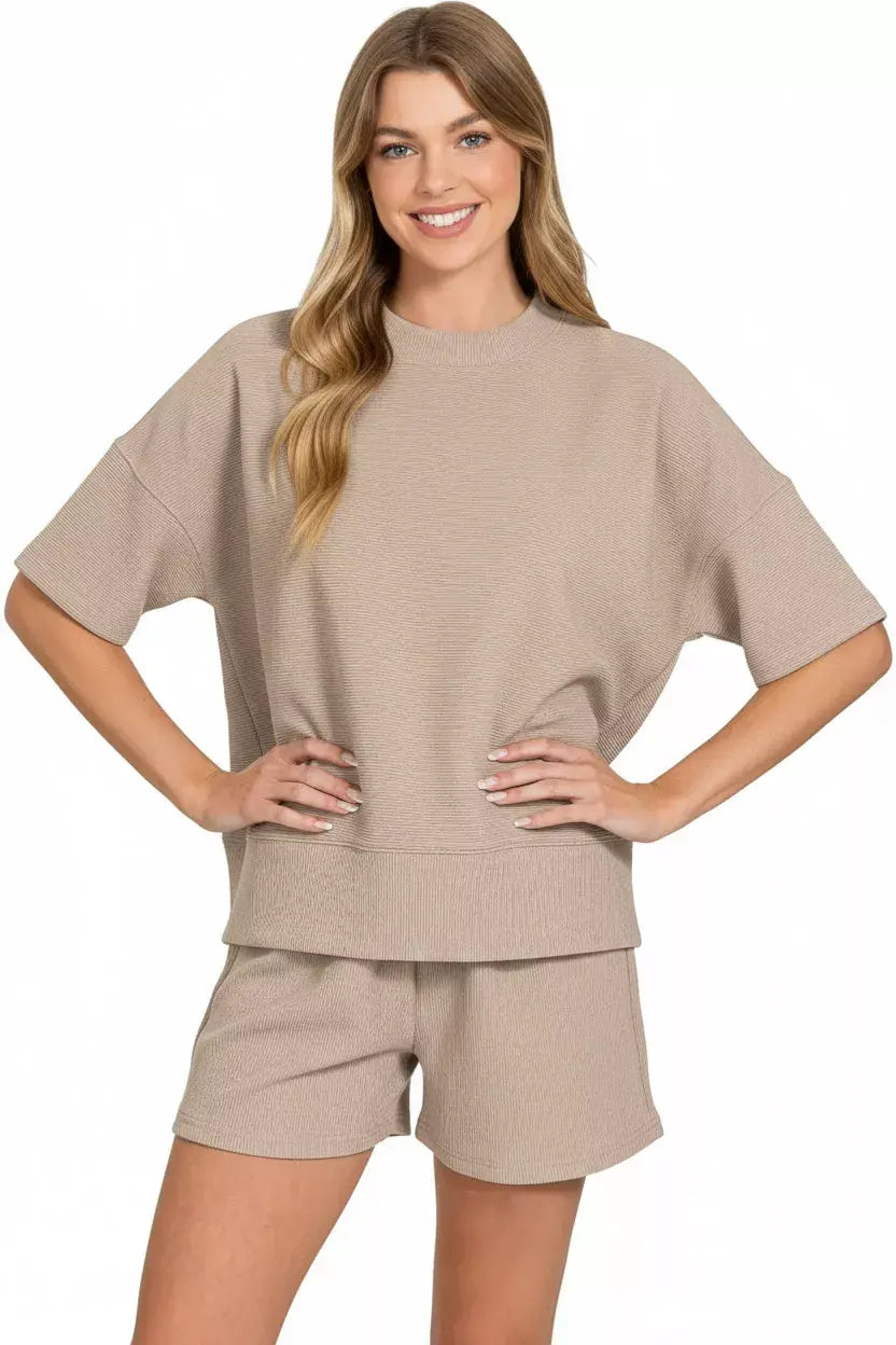 Zenana Ribbed Round Neck Waist Banded Tee & Shorts Set - Trendsi - Flyclothing LLC