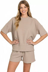 Zenana Ribbed Round Neck Waist Banded Tee & Shorts Set - Trendsi - Flyclothing LLC