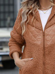 Fuzzy Zip Up Long Sleeve Hooded Jacket - Trendsi