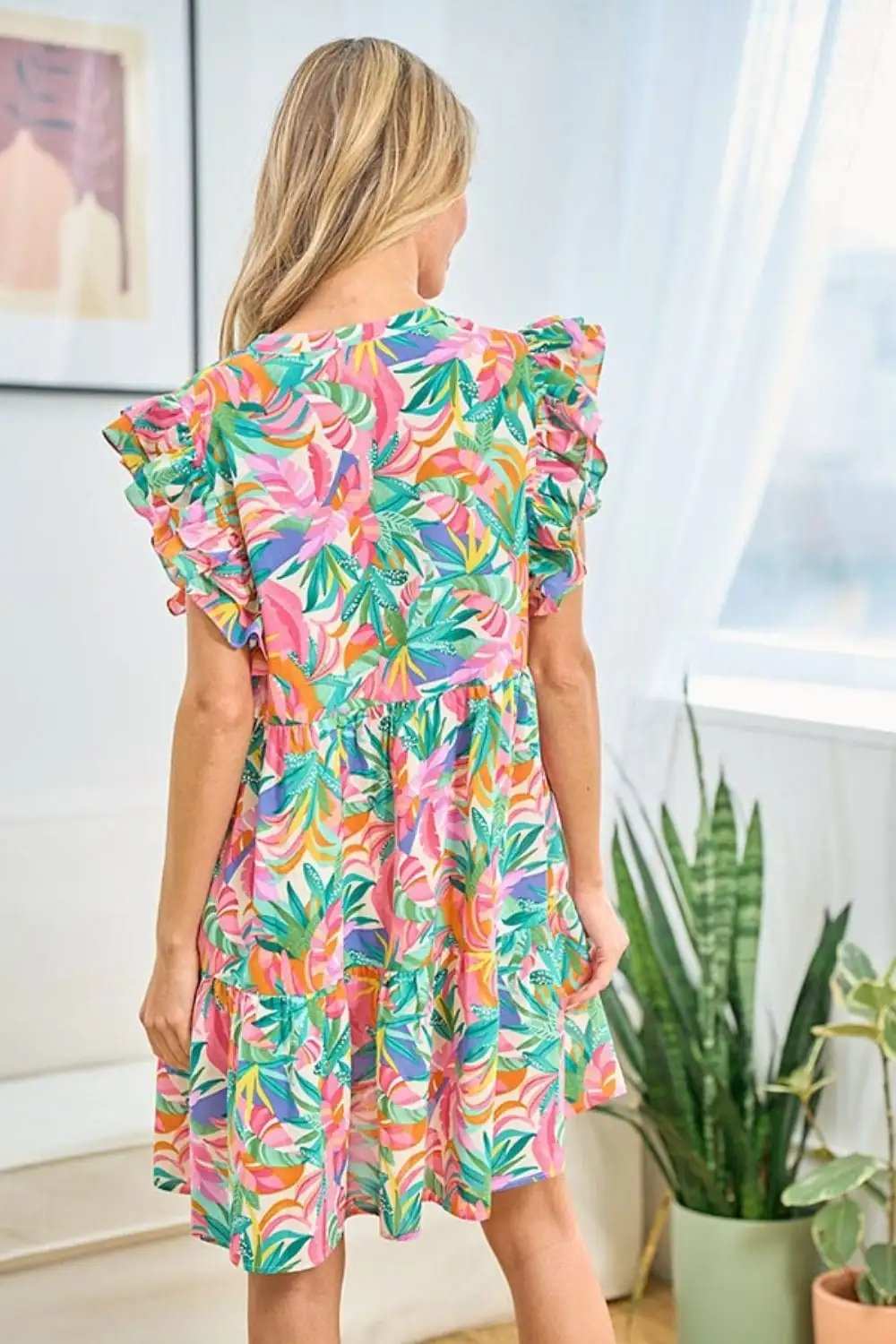 First Love Ruffled Printed Notched Cap Sleeve Dress - Trendsi - Flyclothing LLC