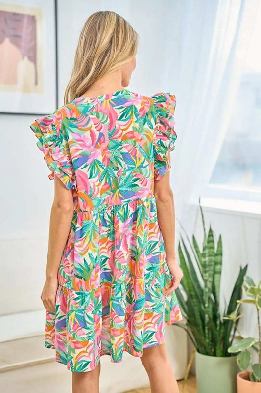 First Love Ruffled Printed Notched Cap Sleeve Dress - Trendsi - Flyclothing LLC