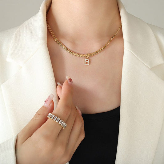 Brass Inlaid Zircon Letter Pendant Necklace - Trendsi