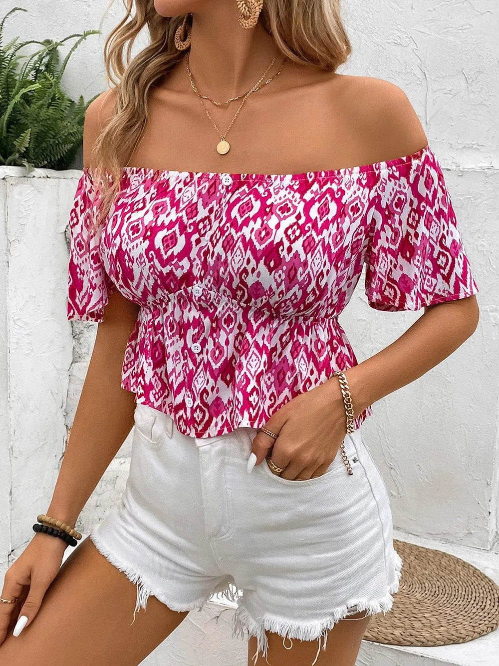 Peplum Printed Off-Shoulder Short Sleeve Blouse - Trendsi