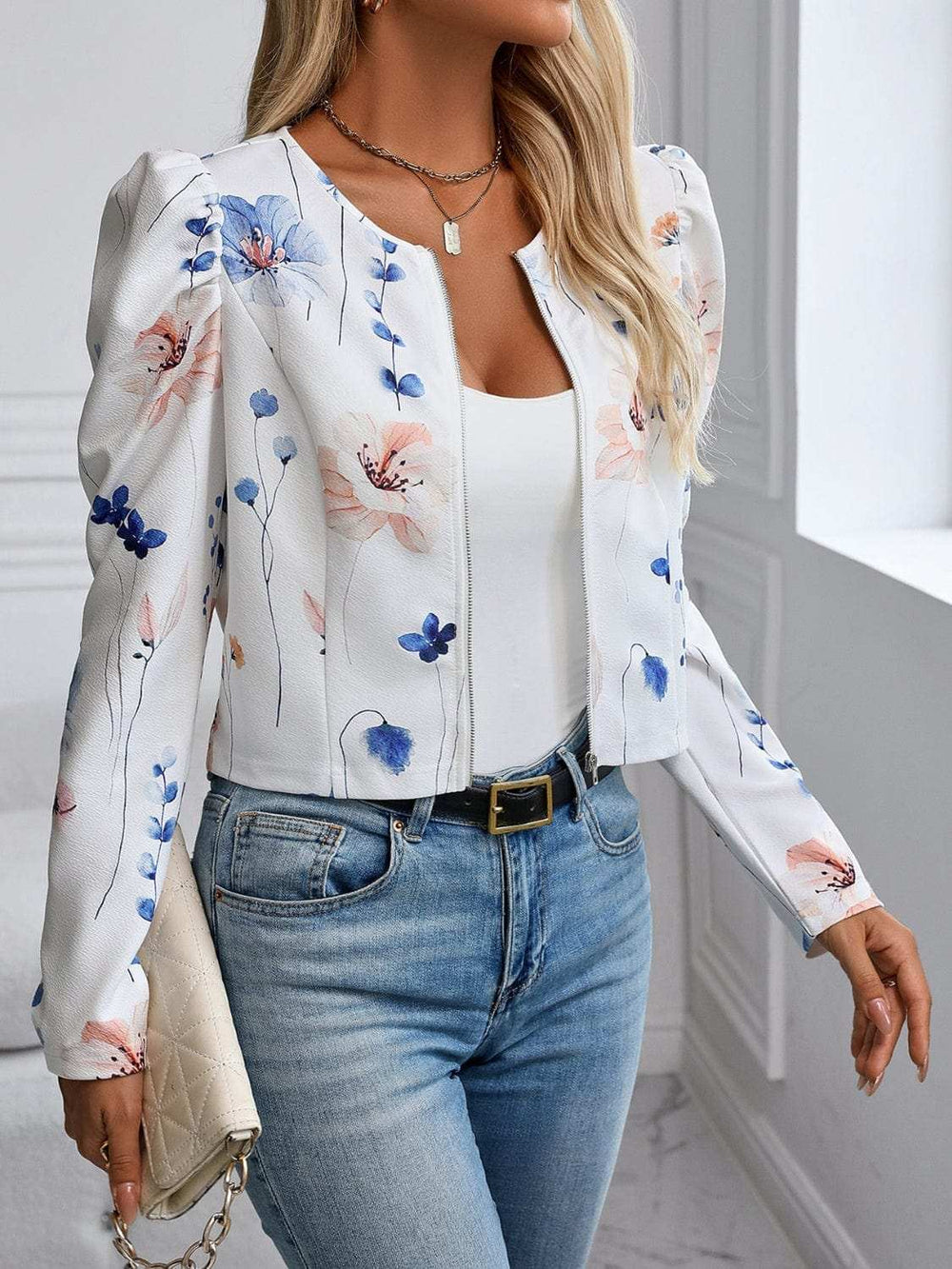 Printed Zip Up Long Sleeve Jacket - Trendsi - Flyclothing LLC