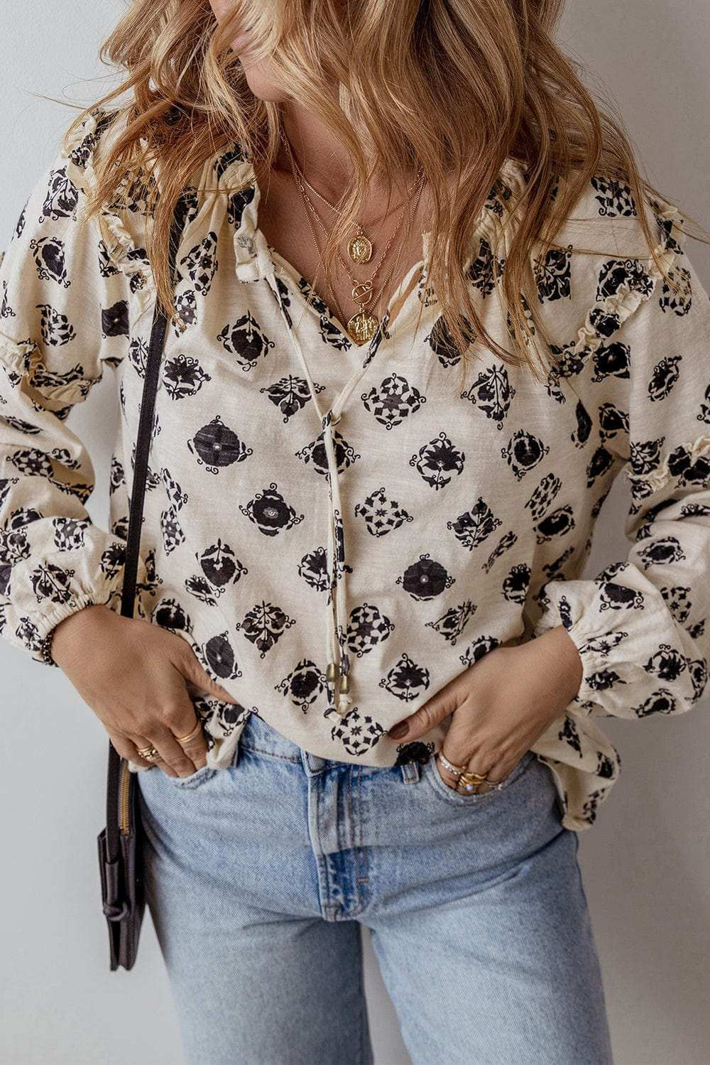 Printed Tie Neck Long Sleeve Blouse - Trendsi - Flyclothing LLC
