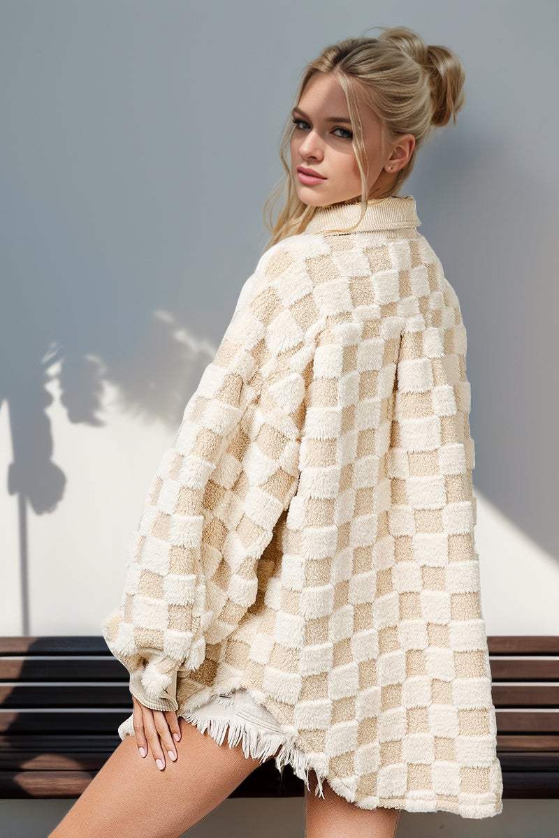 Double Take Button Up Fuzzy Checkered Shacket - Trendsi - Flyclothing LLC