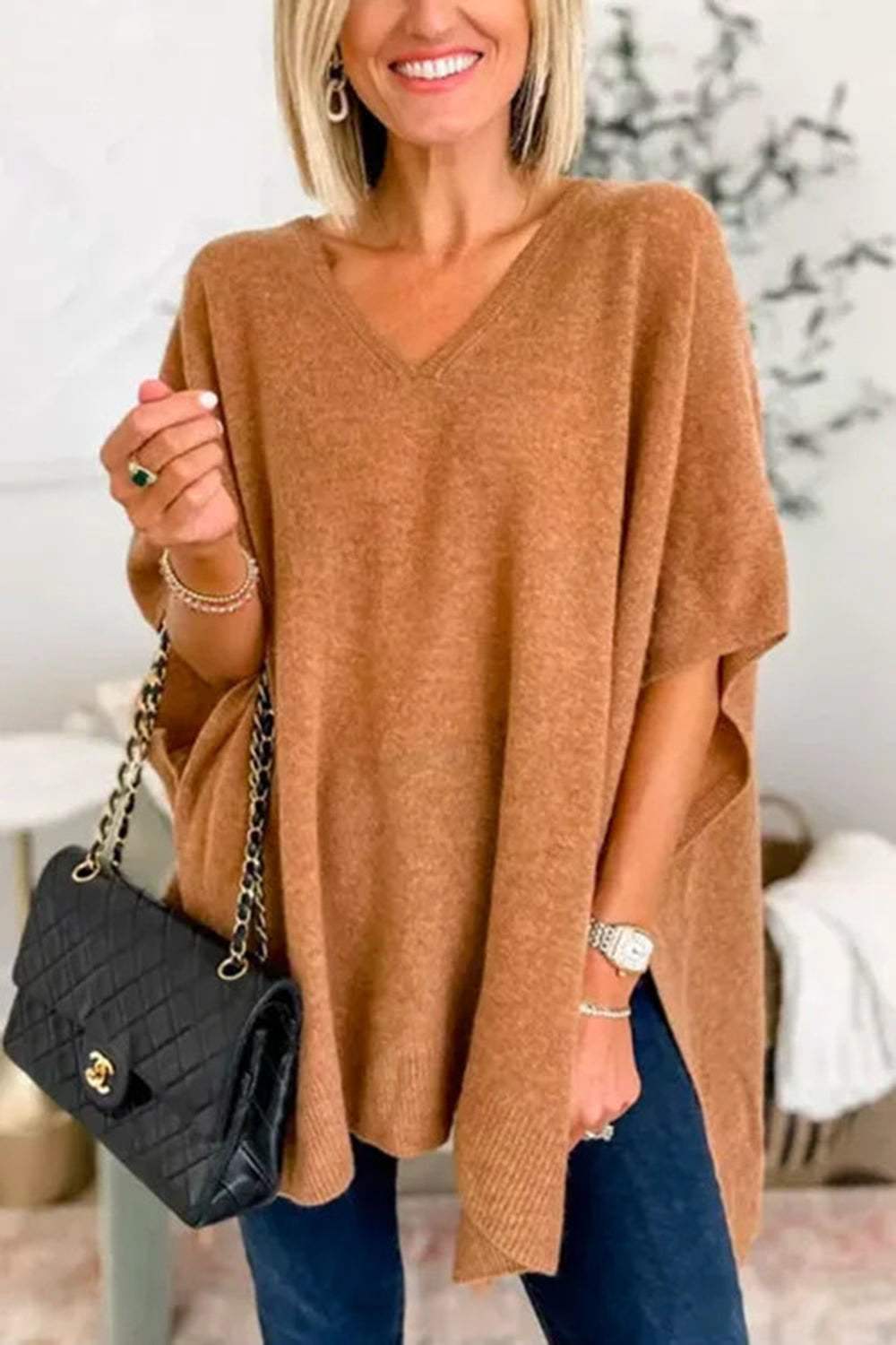 Slit V-Neck Half Sleeve Knit Top - Trendsi - Flyclothing LLC