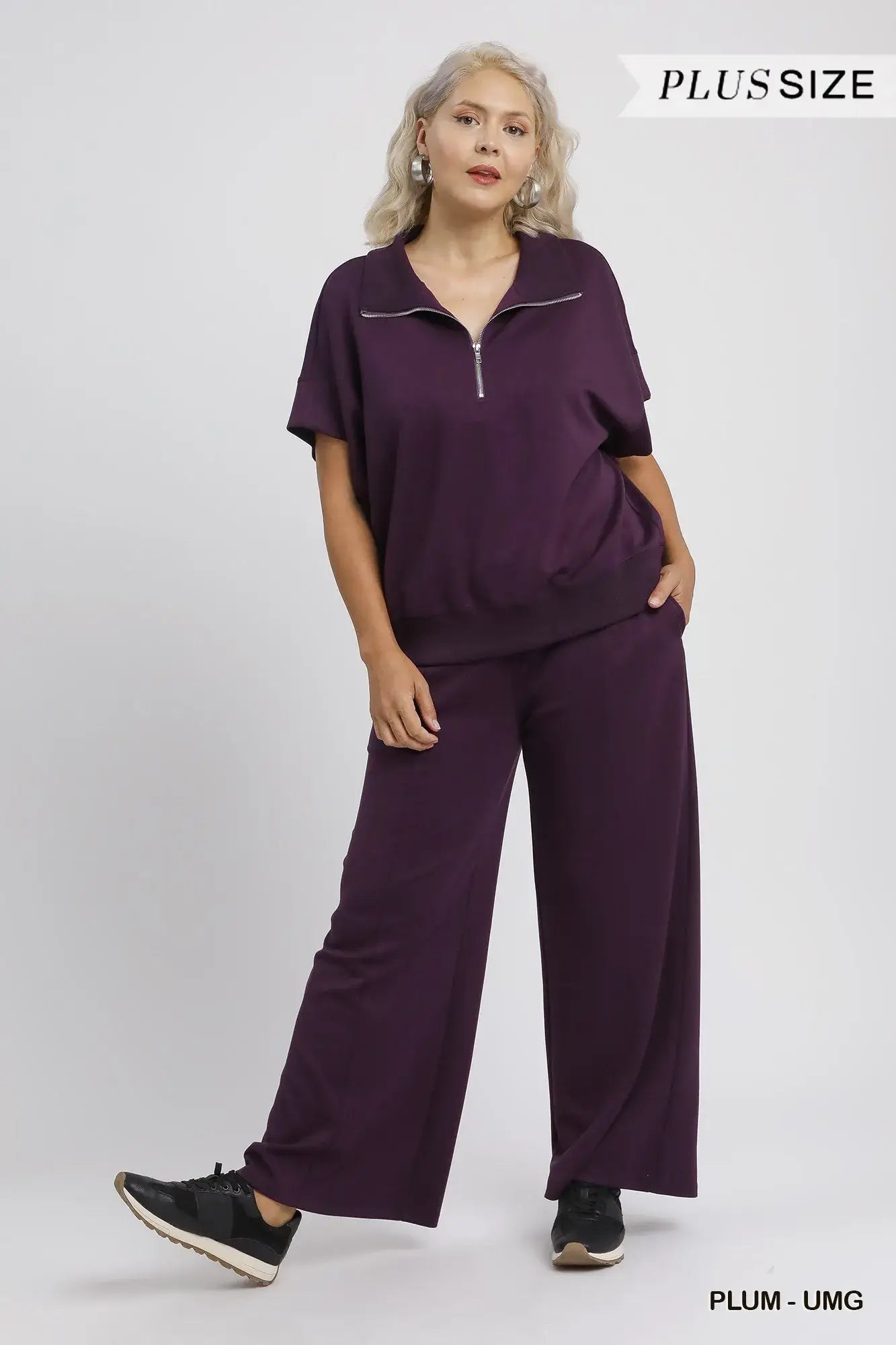Umgee Full Size Half-Zip Short Sleeve Top Plus Size - Trendsi - Flyclothing LLC