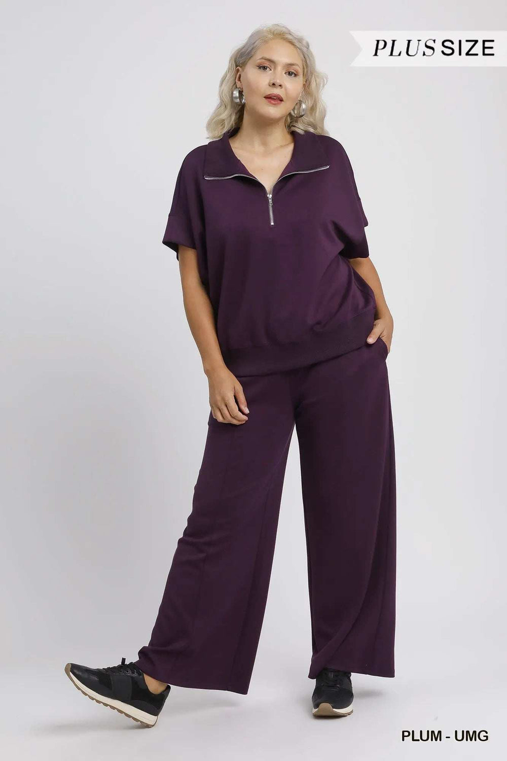 Umgee Full Size Half-Zip Short Sleeve Top Plus Size - Trendsi - Flyclothing LLC