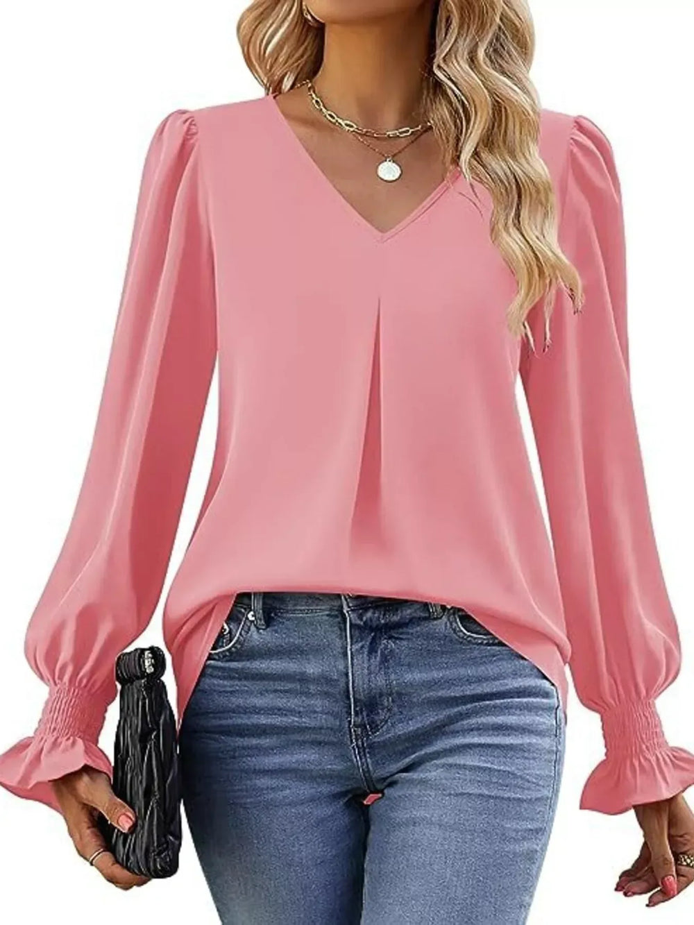 V-Neck Long Sleeve Ruffle Cuff Blouse - Trendsi - Flyclothing LLC