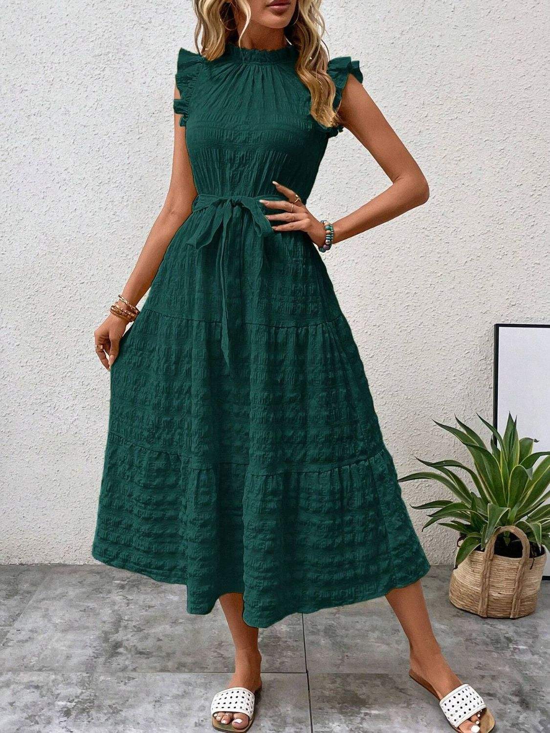 Tied Ruffled Cap Sleeve Midi Dress - Trendsi - Flyclothing LLC