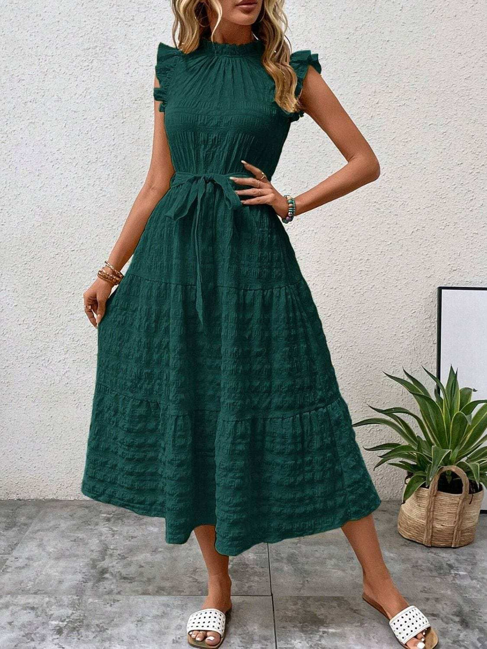 Tied Ruffled Cap Sleeve Midi Dress - Trendsi - Flyclothing LLC