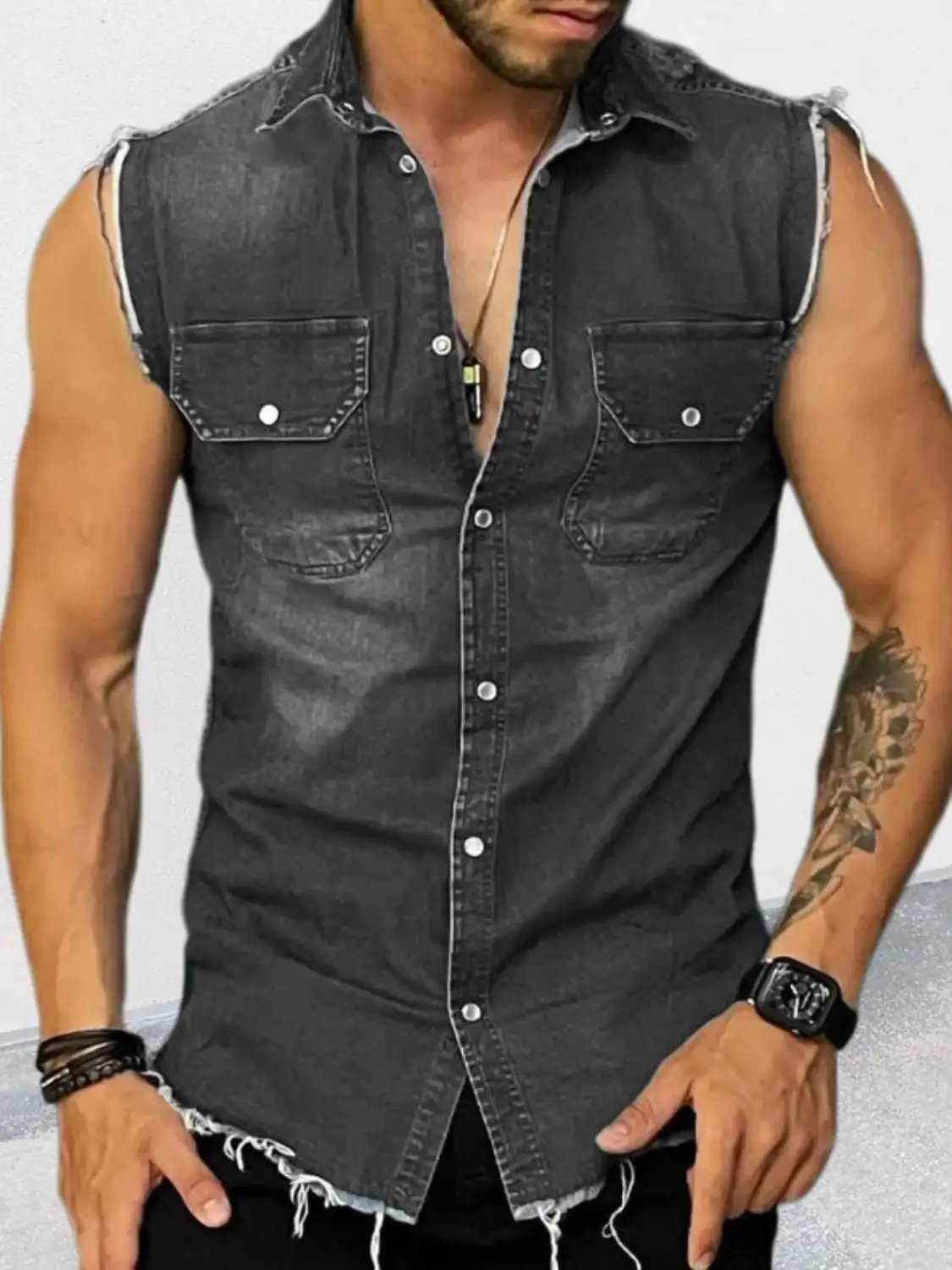 Men's Snap Down Sleeveless Denim Shirt - Trendsi - Flyclothing LLC