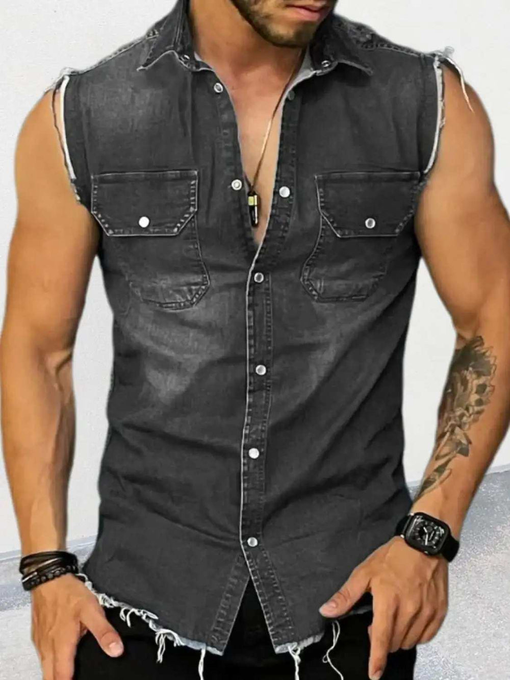 Men's Snap Down Sleeveless Denim Shirt - Trendsi - Flyclothing LLC