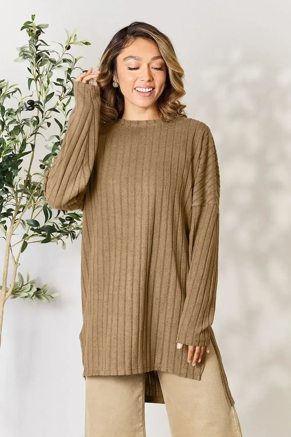 Basic Bae Full Size Ribbed Round Neck Long Sleeve Slit Top - ShopBasicbae - Flyclothing LLC