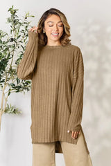Basic Bae Full Size Ribbed Round Neck Long Sleeve Slit Top - ShopBasicbae - Flyclothing LLC