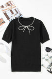 Pearl Bow Necklace Embellished Short Sleeve Knit Top - Trendsi - Flyclothing LLC