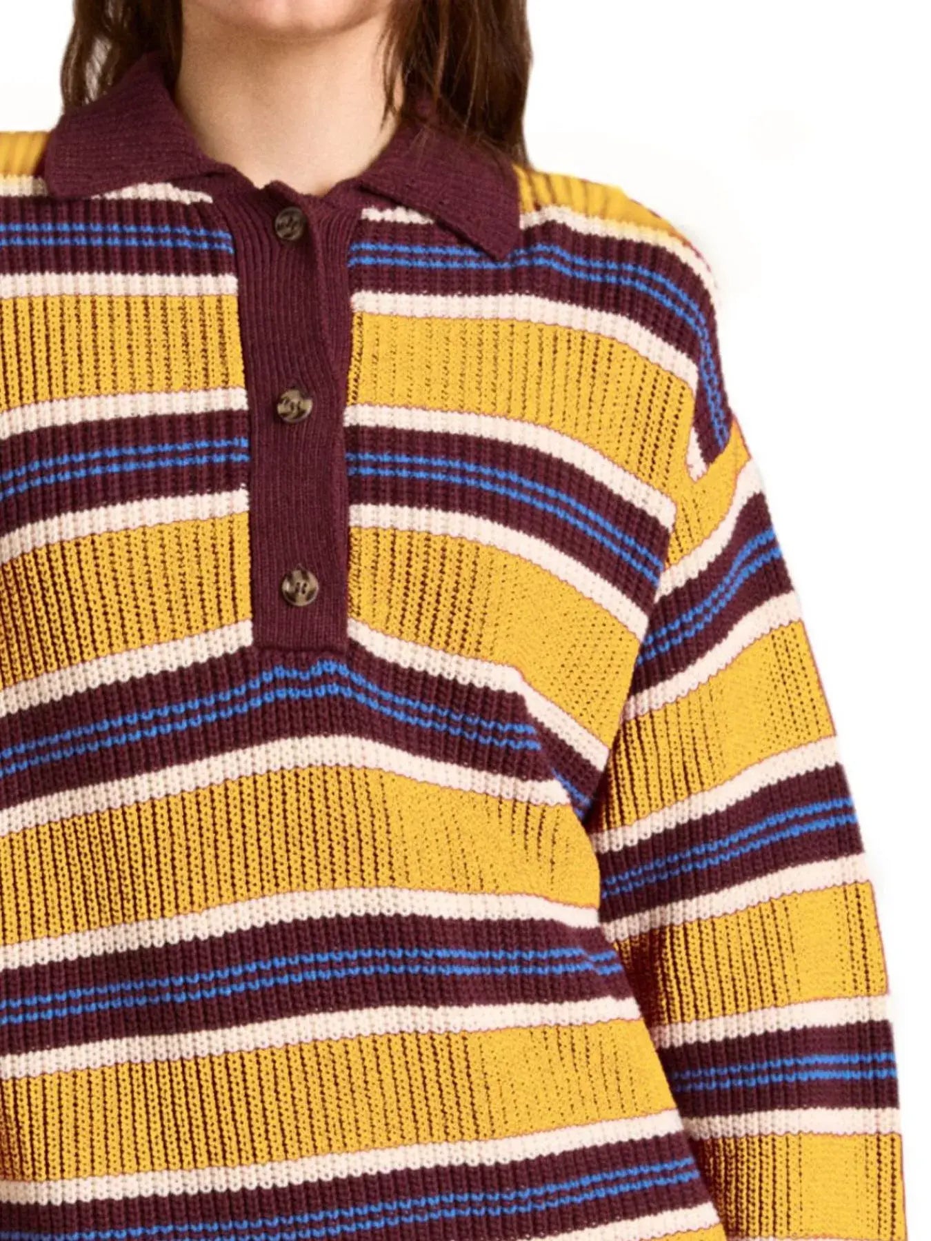 Striped Button Detail Polo Collar Sweater - Trendsi - Flyclothing LLC