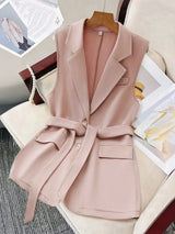 Tie Waist Lapel Collar Sleeveless Blazer - Trendsi - Flyclothing LLC