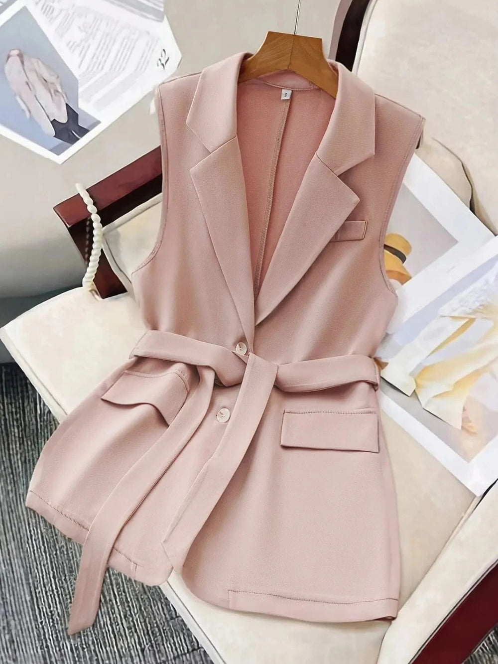 Tie Waist Lapel Collar Sleeveless Blazer - Trendsi