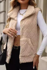 Fuzzy Plaid Texture Zip Up Vest Coat - Trendsi