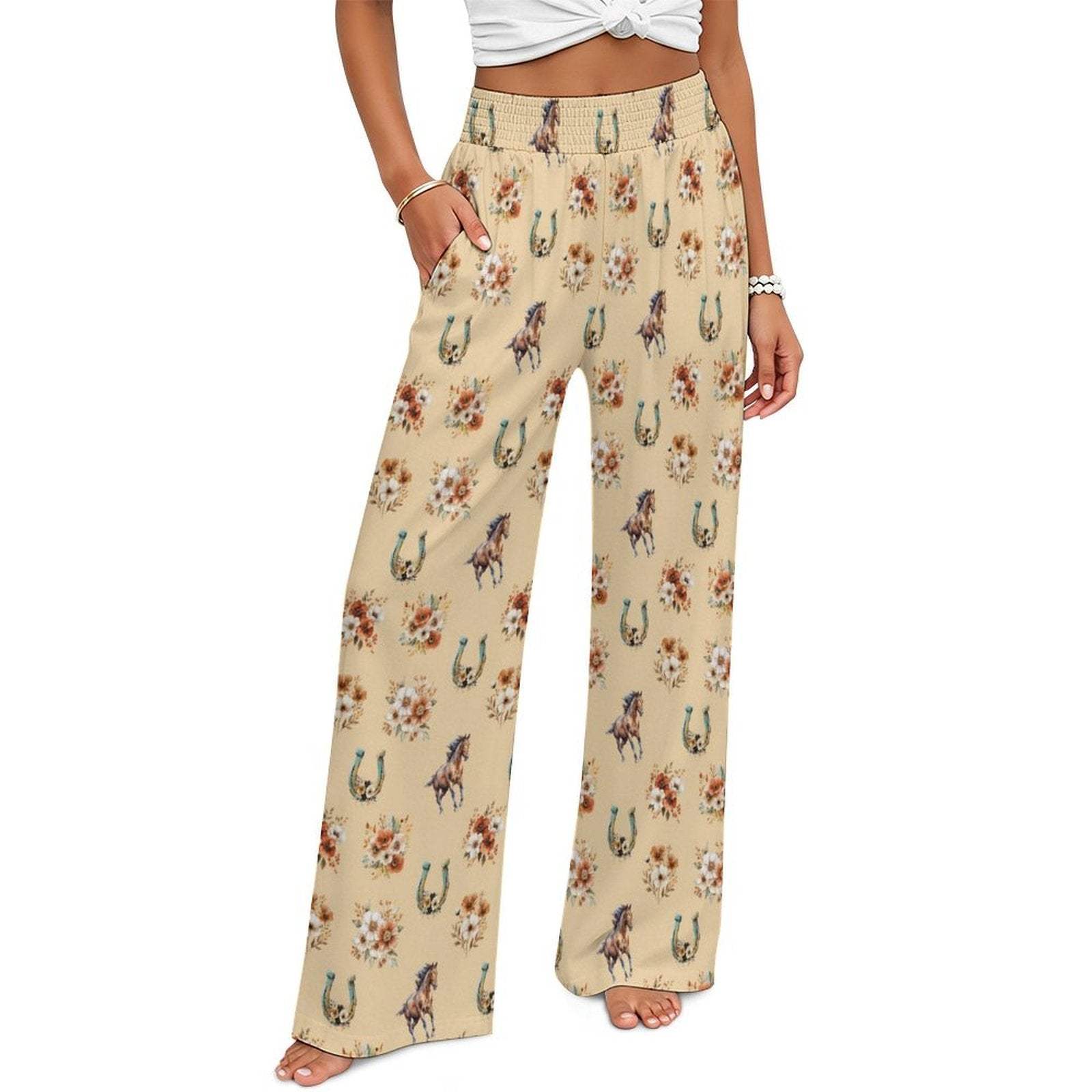 Baha Ranch Country Girl Floral Horse High Waisted Wide Leg Pants