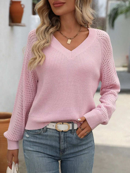 V-Neck Long Sleeve Sweater - Trendsi - Flyclothing LLC