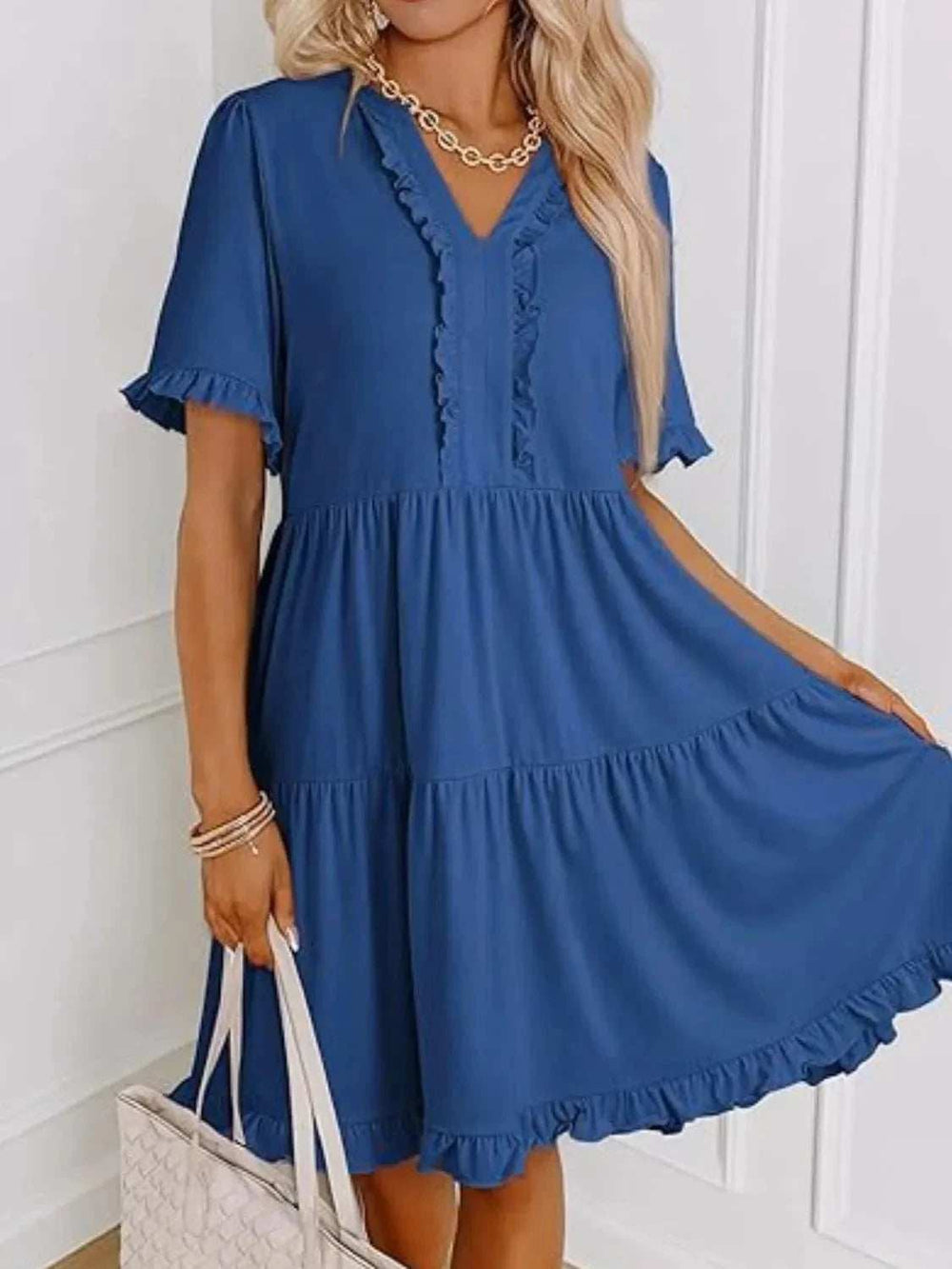 Tiered Notched Short Sleeve Mini Dress - Trendsi - Flyclothing LLC