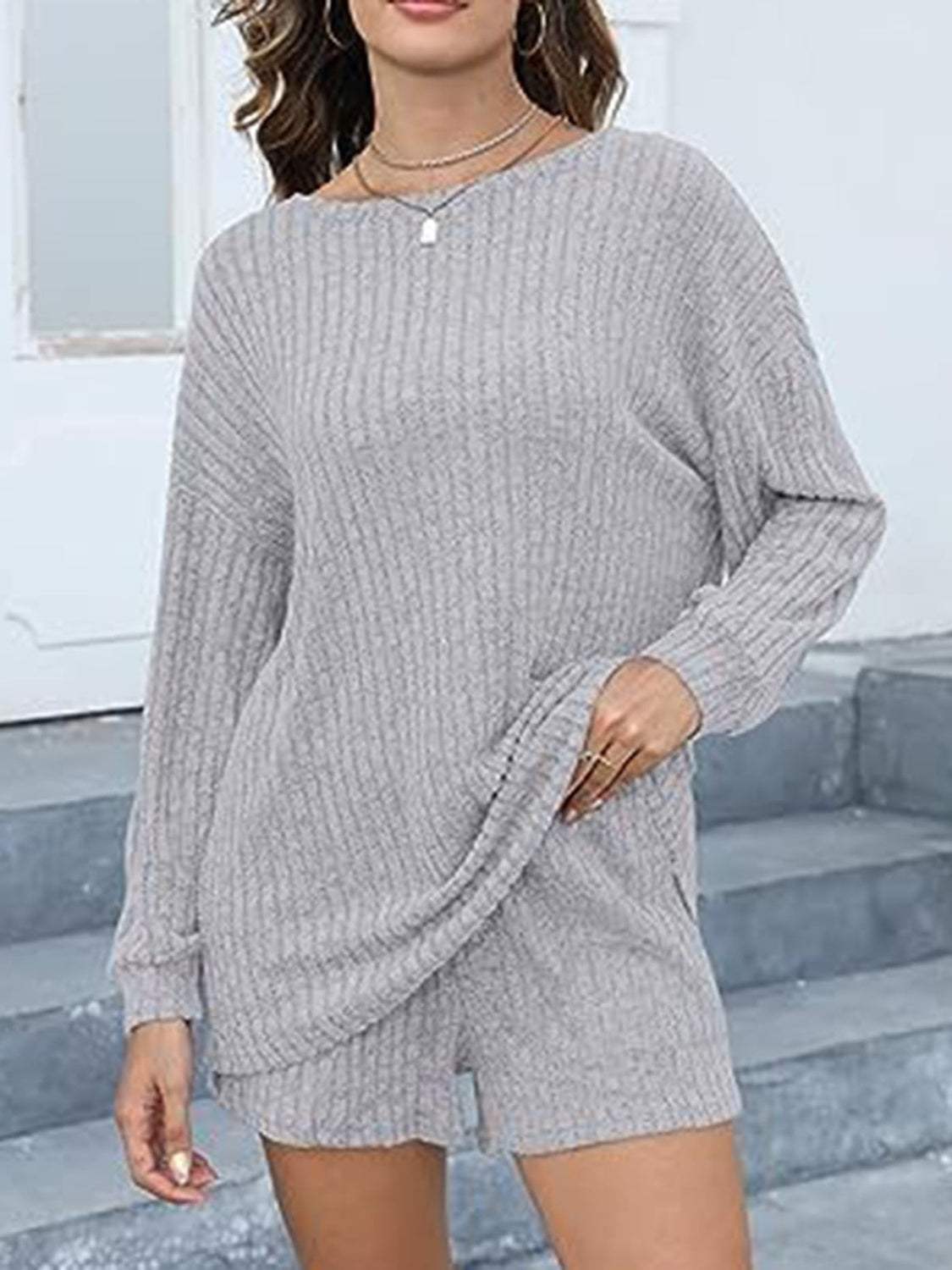 Round Neck Dropped Shoulder Top and Shorts Set - Trendsi - Flyclothing LLC