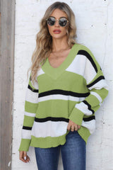 Color Block V-Neck Dropped Shoulder Sweater - Trendsi - Flyclothing LLC