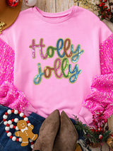 Holly Jolly Sequin Letter Drop Shoulder Long Sleeve Top - Trendsi - Flyclothing LLC