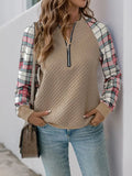 Perfee Plaid Half Zip Long Sleeve Texture Sweatshirt - Trendsi