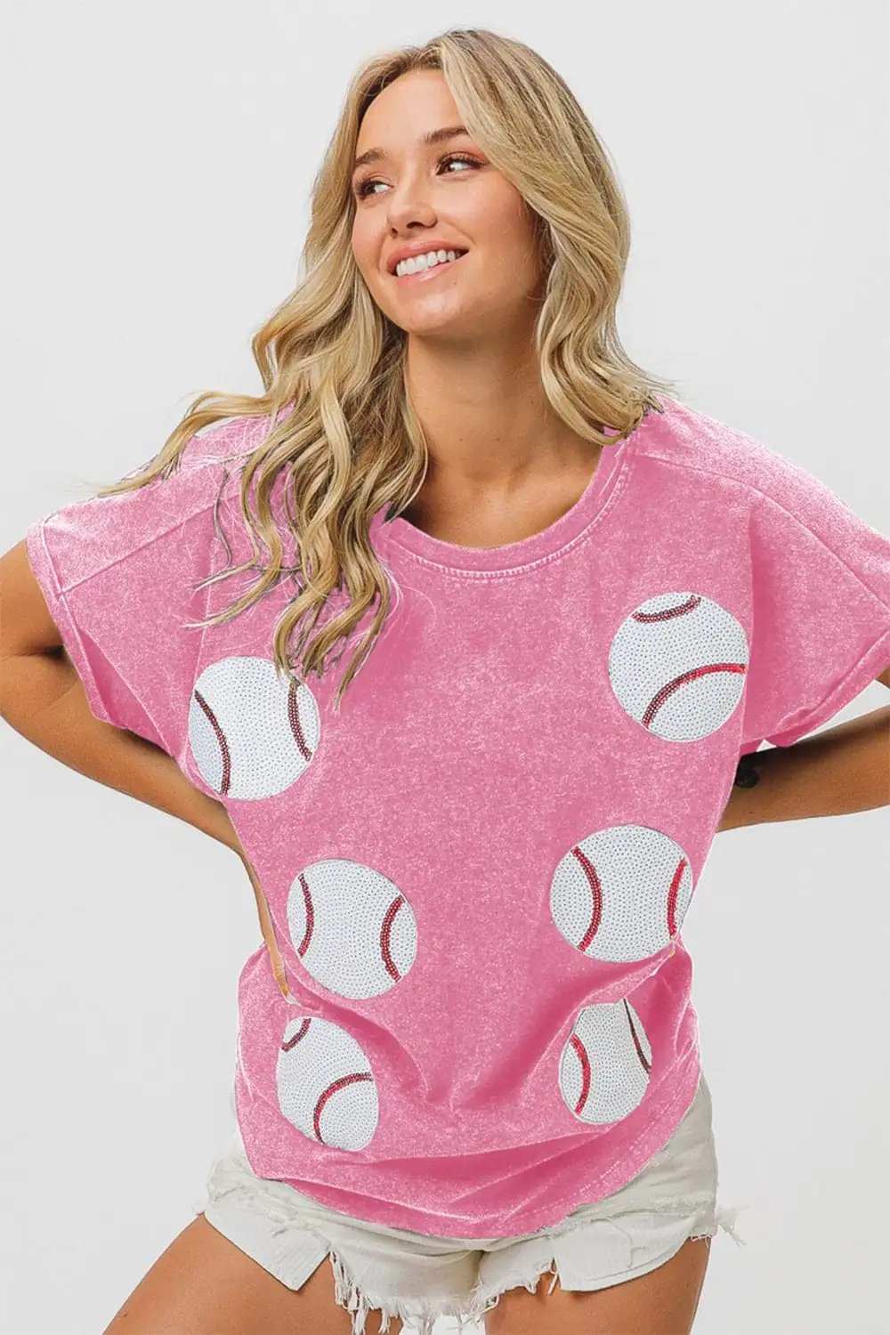 BiBi Sequin Baseball Short Sleeve T-Shirt - Trendsi - Flyclothing LLC
