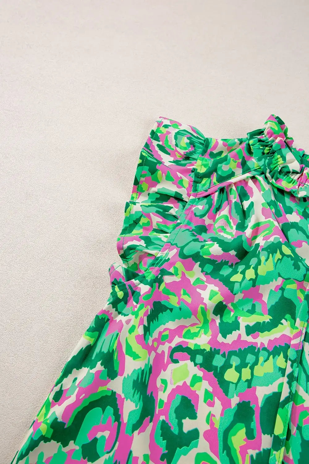 Abstract Print Ruffled Trim Tie Neck Top - Trendsi - Flyclothing LLC