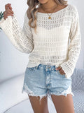 Openwork Boat Neck Long Sleeve Knit Cover Up - Trendsi