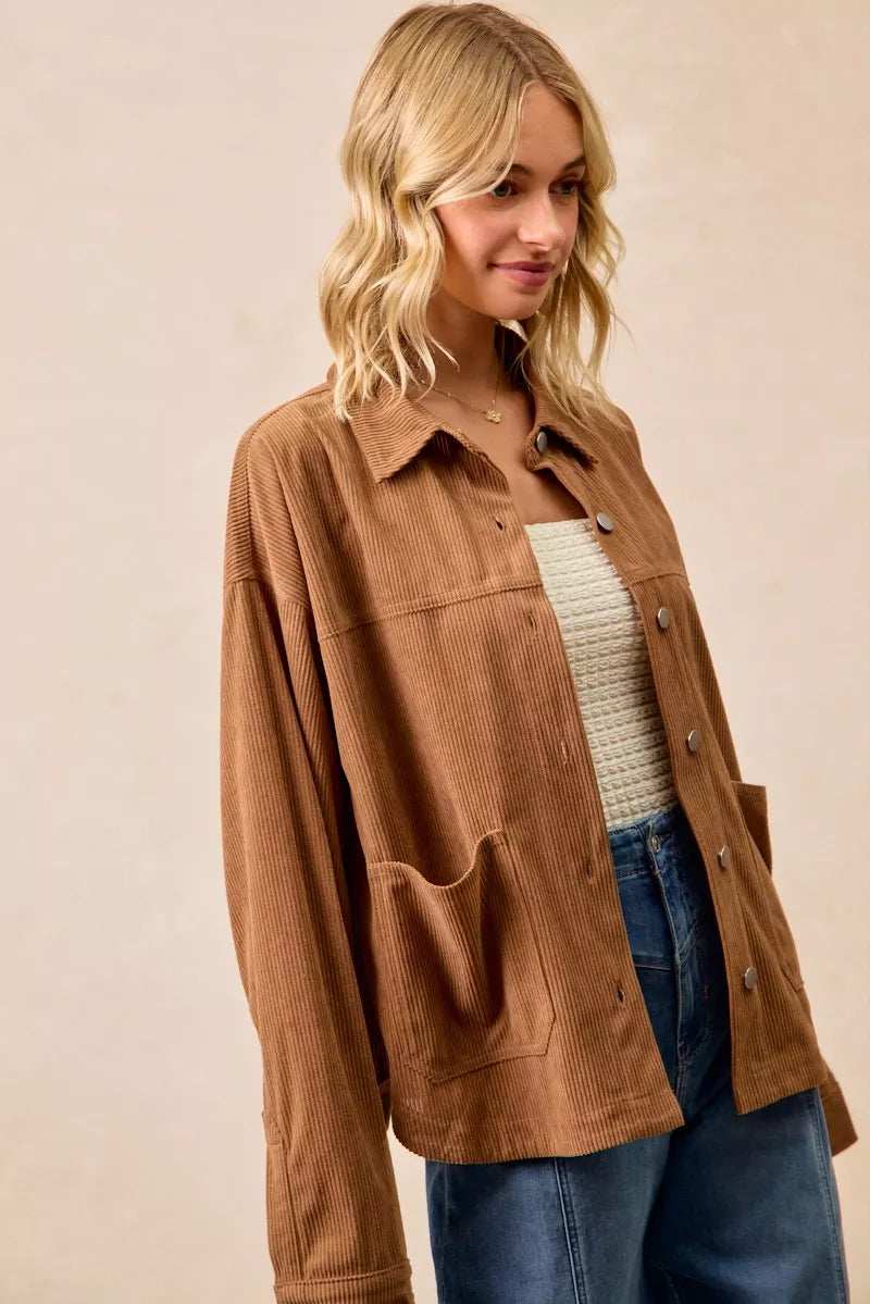 BiBi Corduroy Relaxed Fit Shacket with Back Pleat - Trendsi - Flyclothing LLC