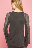 POL V-Neck Long Sleeve Lace Patch Top - Trendsi