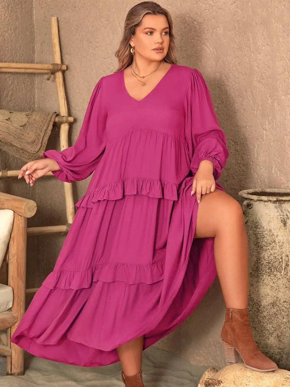 Plus Size Ruffled V-Neck Long Sleeve Dress - Trendsi - Flyclothing LLC