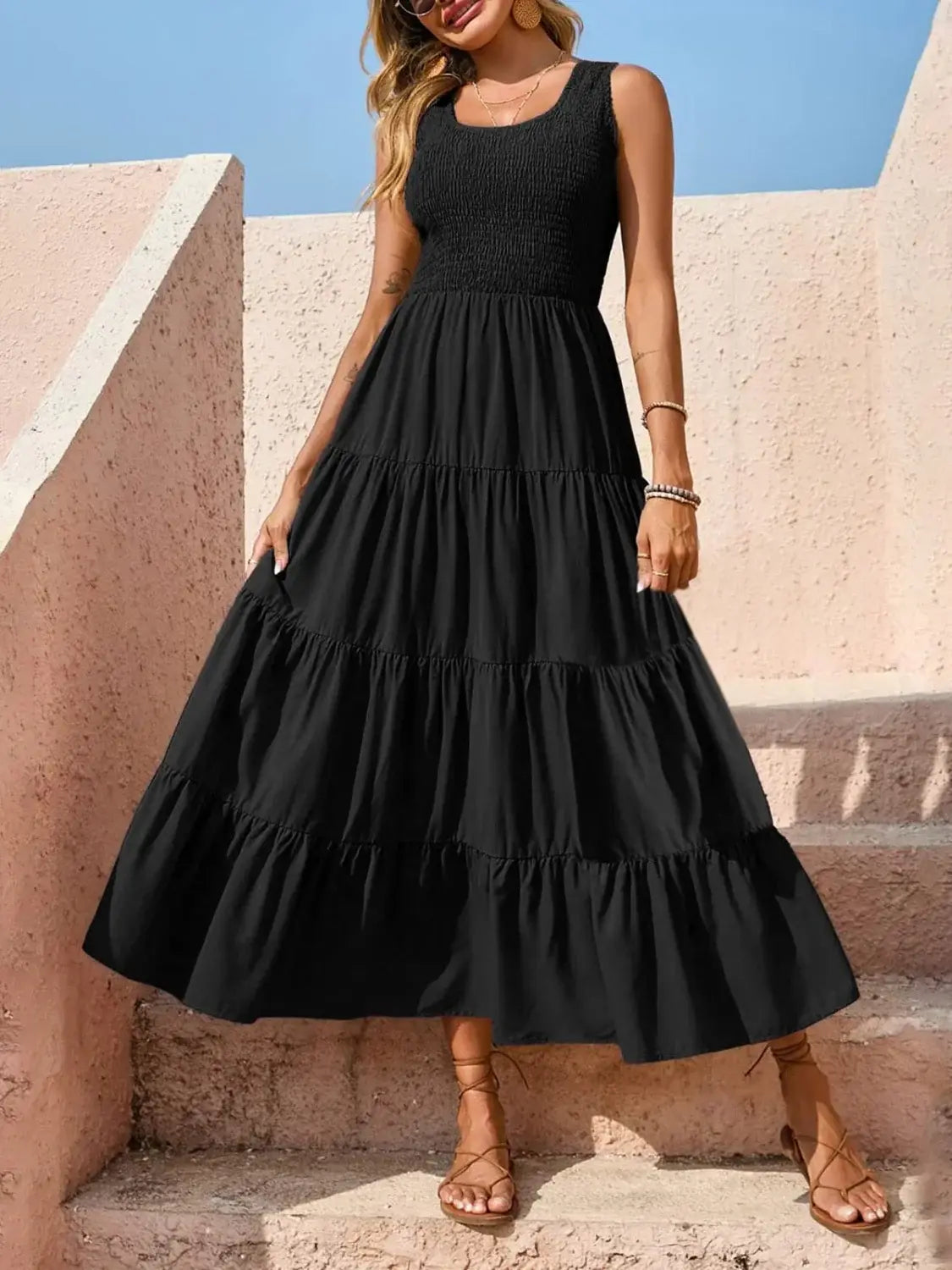 Tiered Smocked Wide Strap Dress - Trendsi - Flyclothing LLC